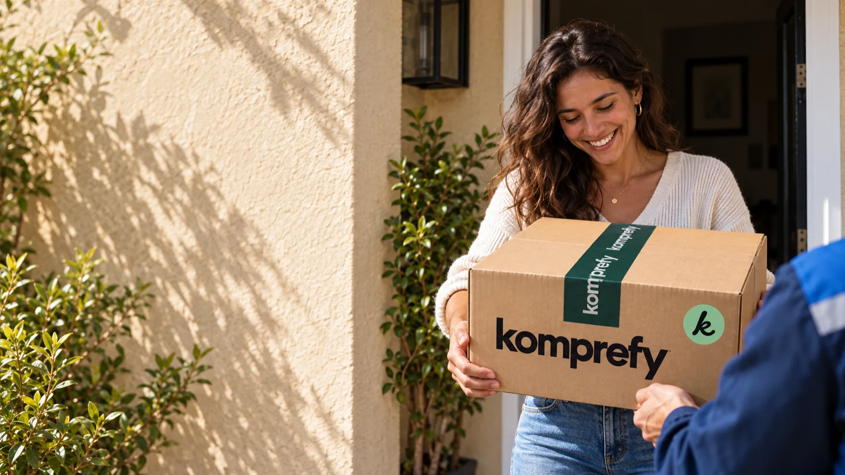 Cliente sorrindo ao receber a caixa Komprefy na porta de casa