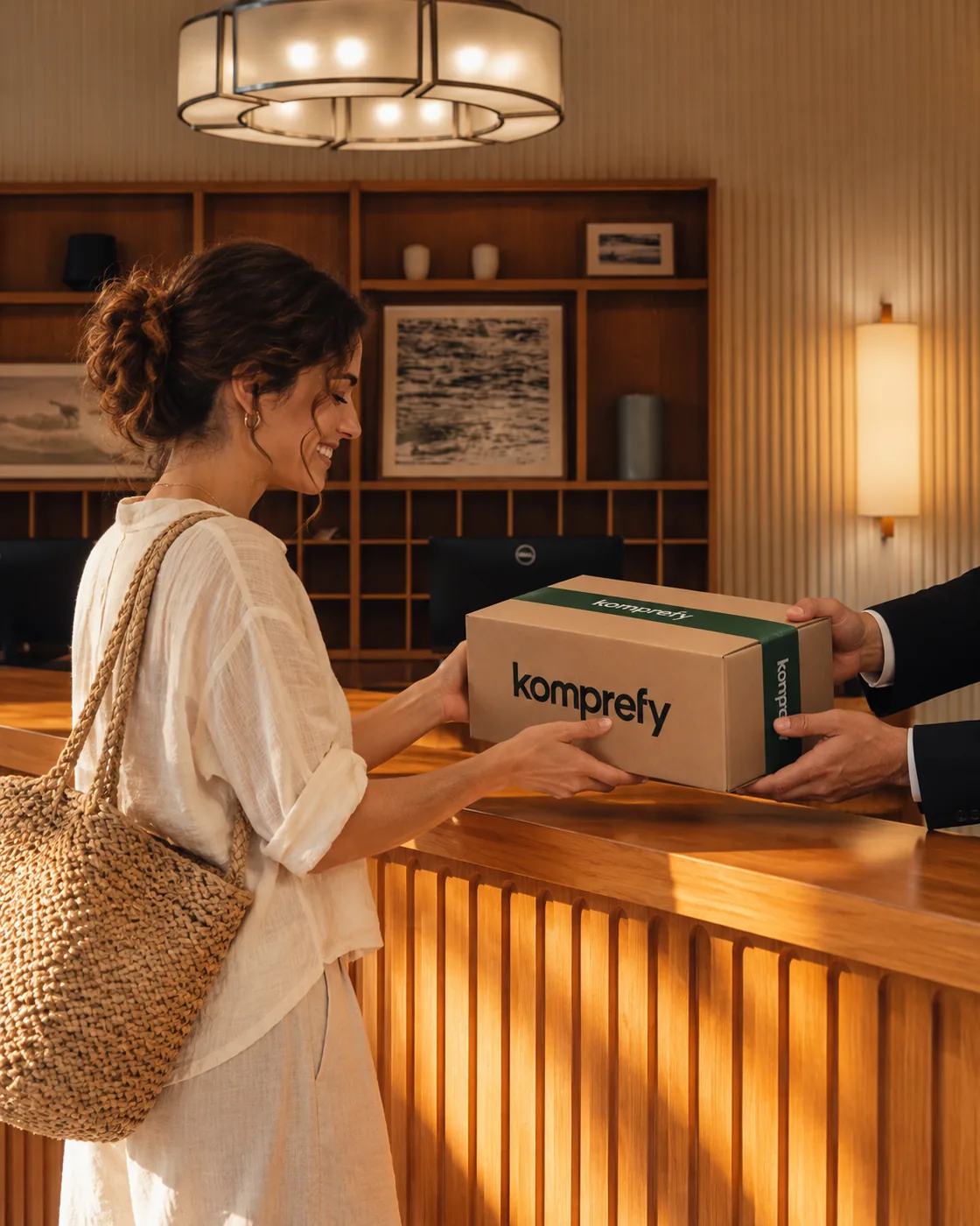 Hóspede recebendo a caixa Komprefy na recepção do hotel